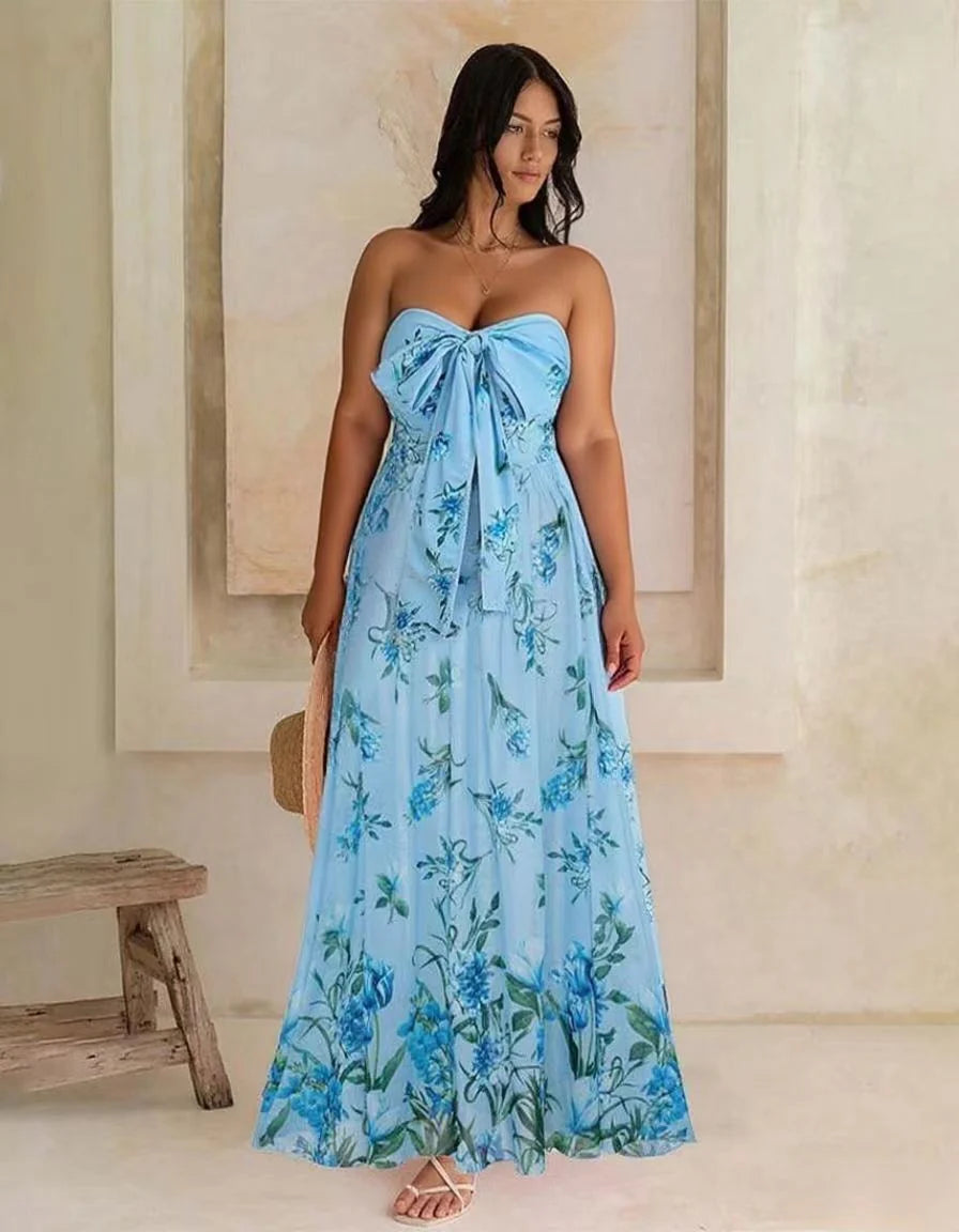 Chic Blue Romantic Floral Halter Neck One-Piece Swimsuit&Skirt