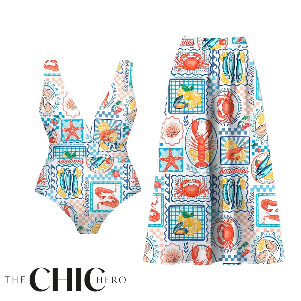 Ocean-Inspired Retro Sardine & Lobster One-Piece Swimsuit&Skirt