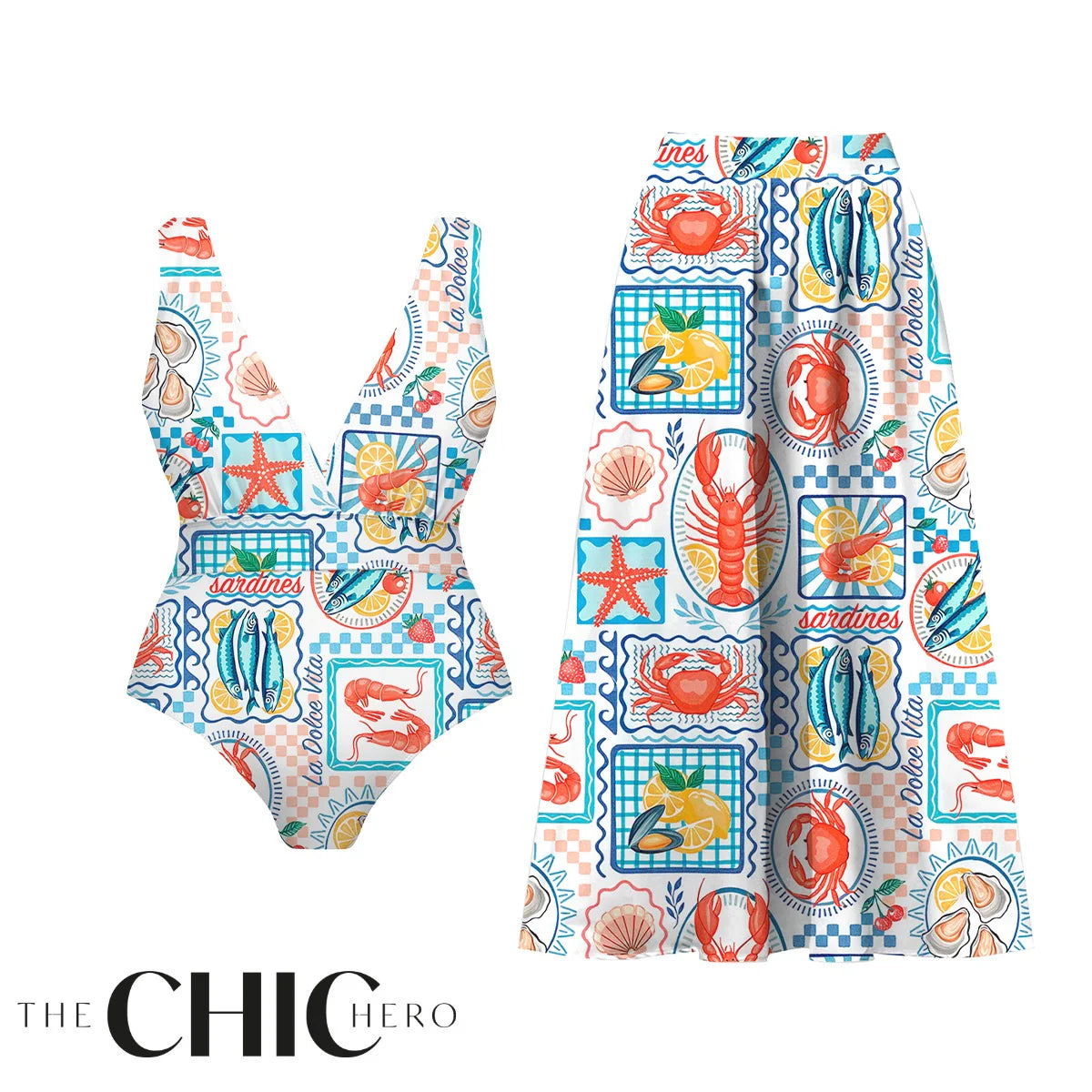 Ocean-Inspired Retro Sardine & Lobster One-Piece Swimsuit&Skirt