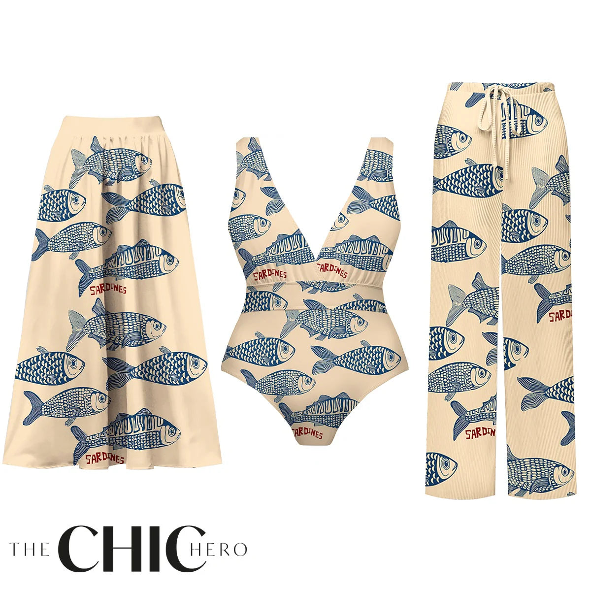 Nautical Sketch Sardine Print One-Piece Swimsuit&Skirt&Pants