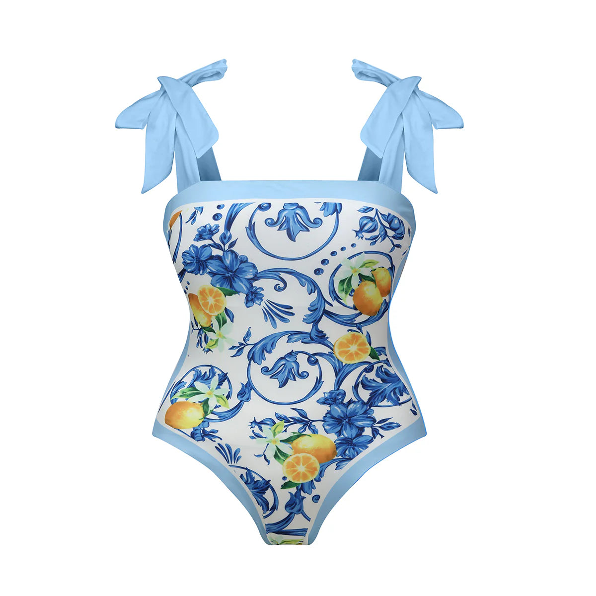 Blue Retro Lemon Florals One-Piece Swimsuit&Skirt