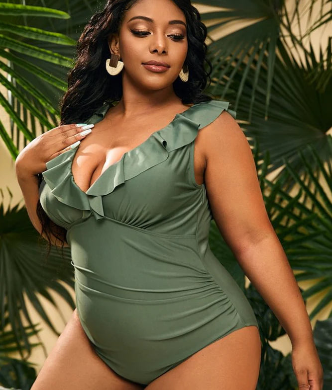 Plus Size Green V-Neck Ruffles One-Piece Swimsuit