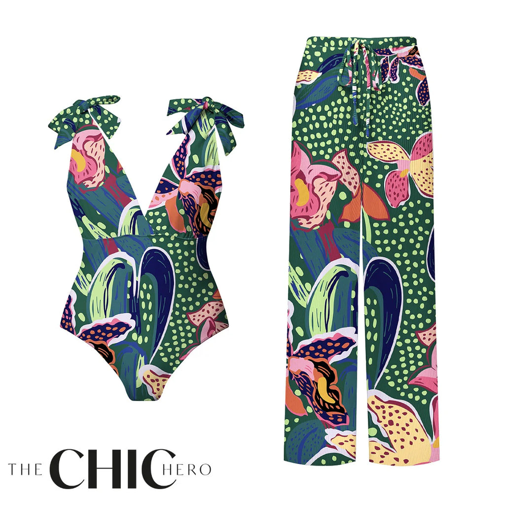 Green Parrot Tropical Exotic Flower Motifs One-Piece Swimsuit&Pants