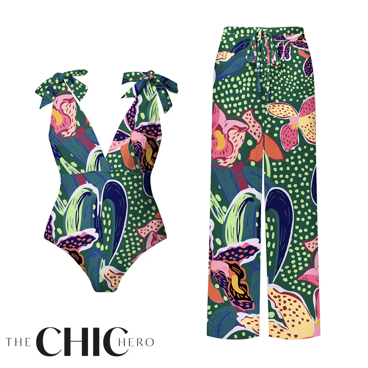 Green Parrot Tropical Exotic Flower Motifs One-Piece Swimsuit&Pants