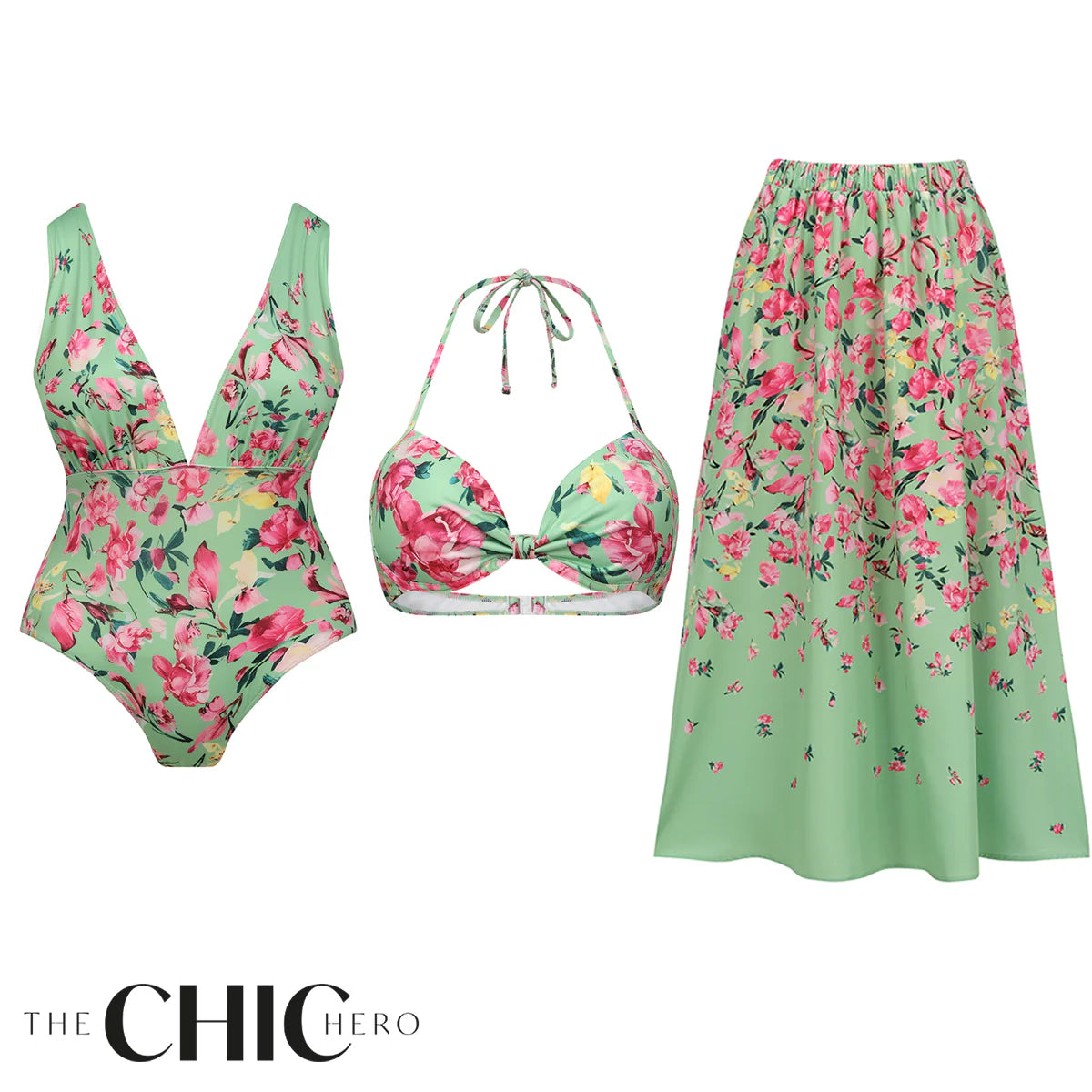 Mint Green & Pink Florals One-Piece Swimsuit&Bikini&Skirt