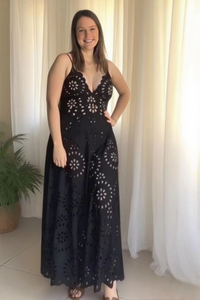 Black Scalloped Hollow Sexy One-Piece Swimsuit&Skirt