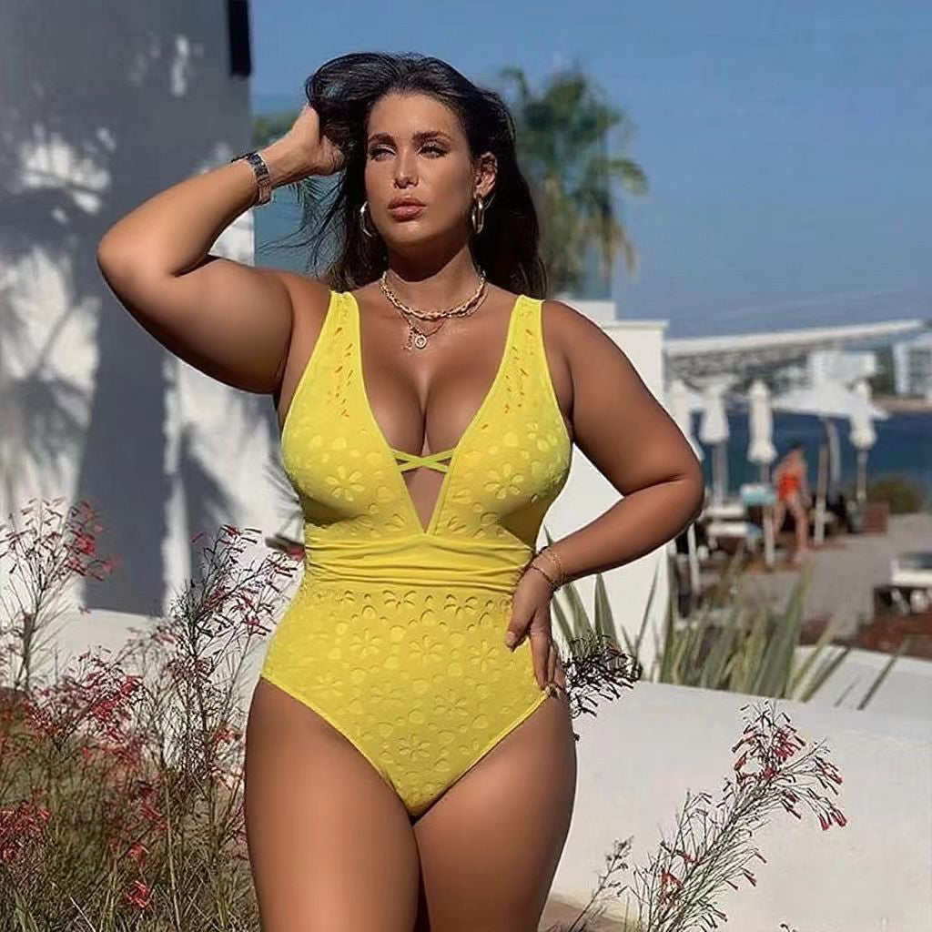 Yellow Petal Hollow One-Piece Swimsuit&Skirt