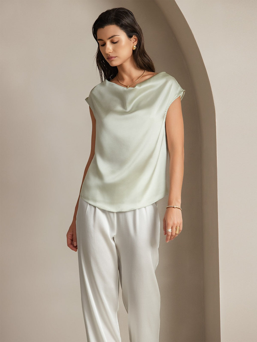 19Momme Silk Cap Sleeve Cowl Neck Tank Top/Blouse