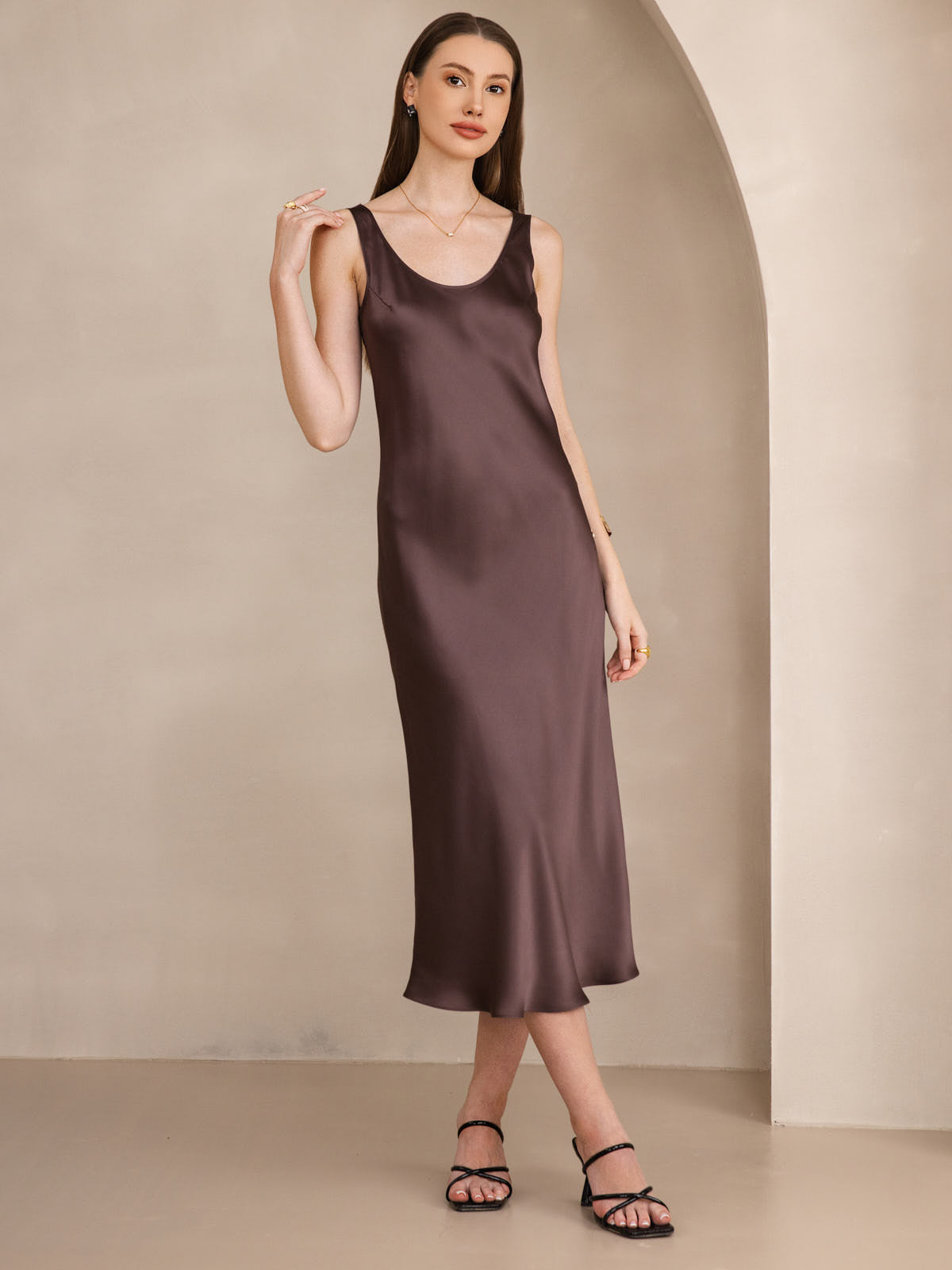 Pure Silk Wide Strap Sleeveless Long Dress