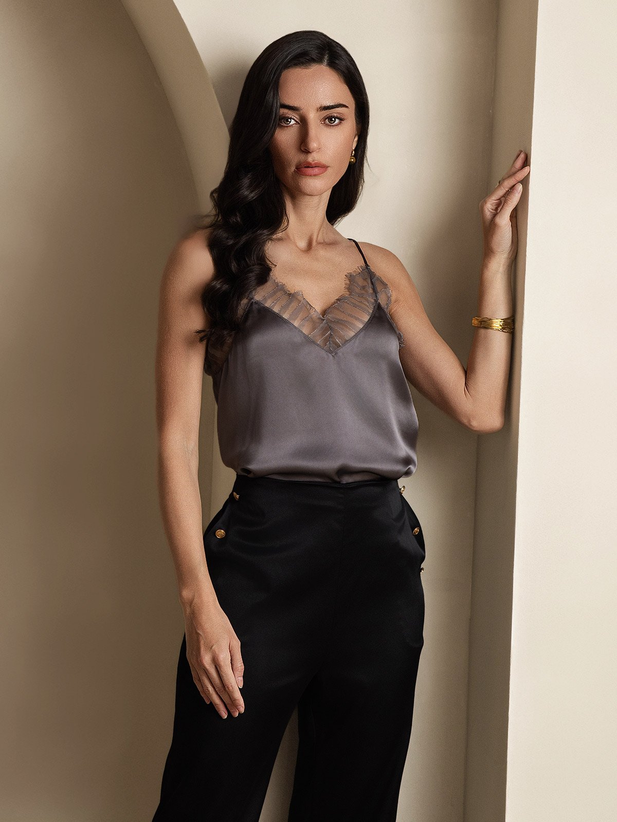Silk Spaghetti Strap Lace-Trimmed Camisole Top