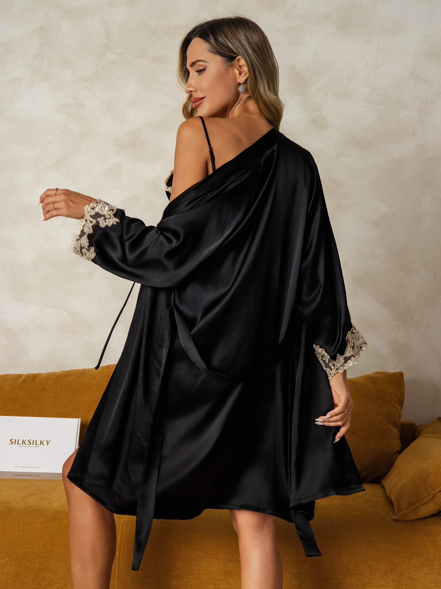 Elegant Pure Silk Nightgown & Robe Set 2Pcs