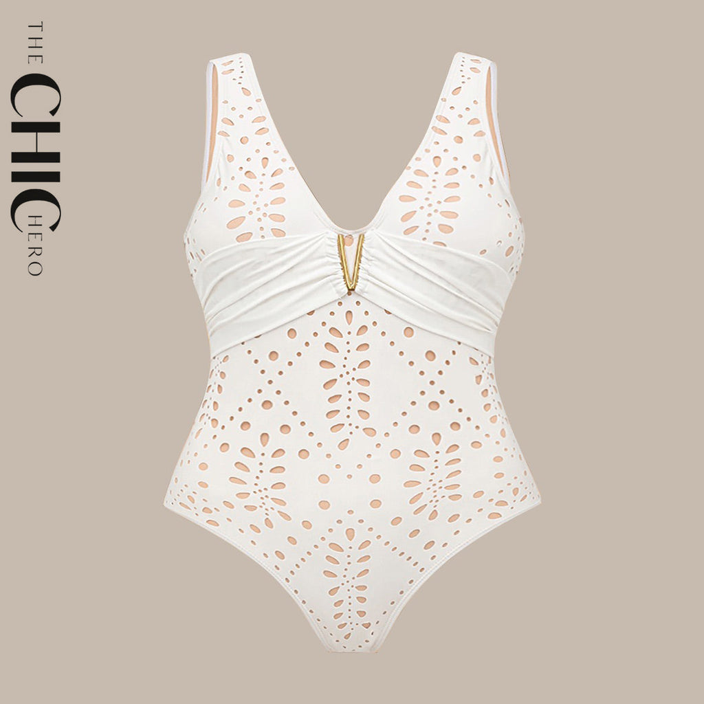 White Petal Hollow One-Piece V Neck Swimsuit&Skirt