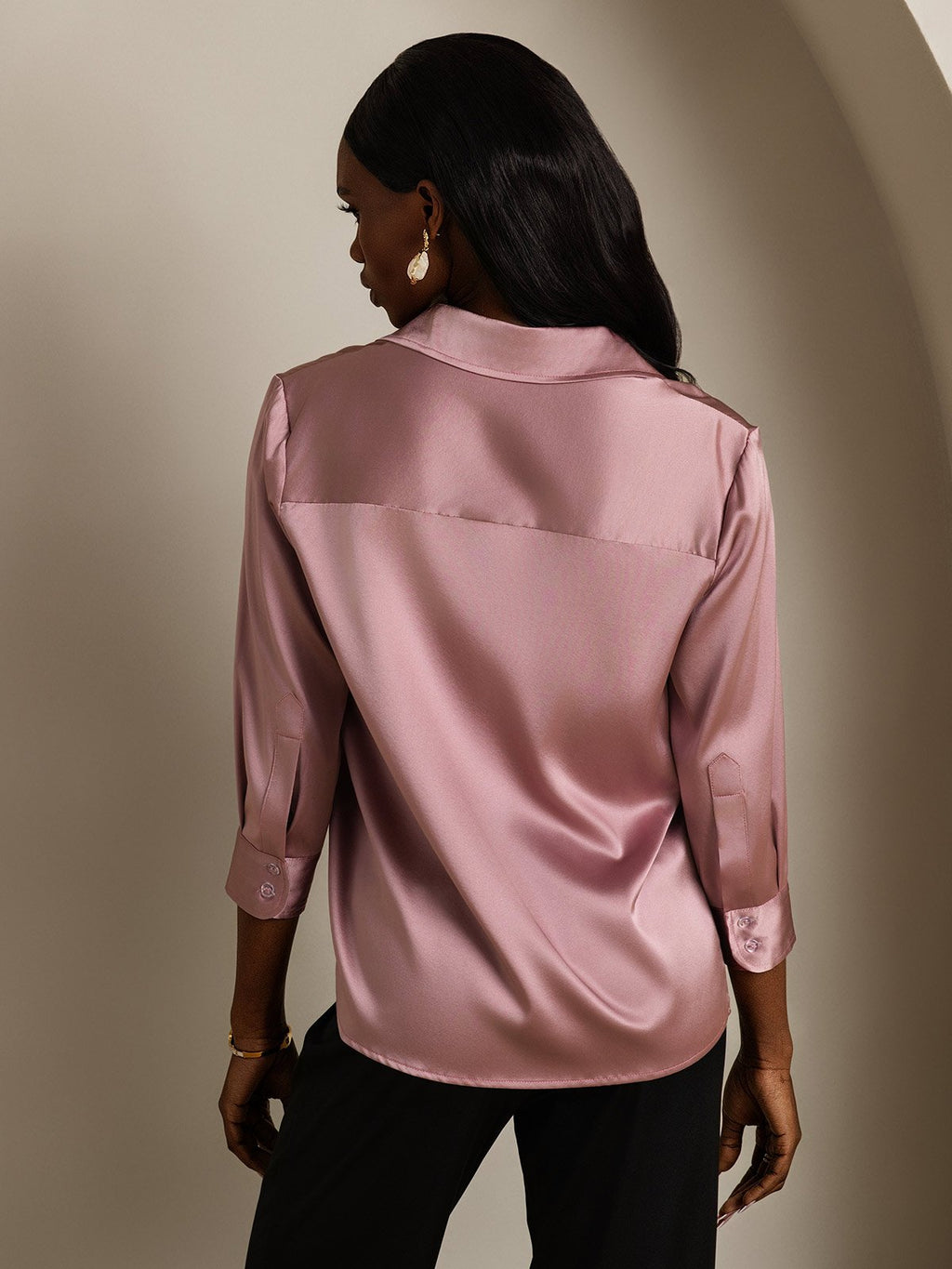 19Momme Silk 3/4 Sleeve Lapel Collar Women's Shirt with Button Up Design