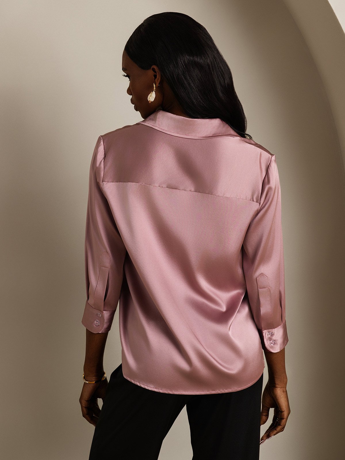 19Momme Silk 3/4 Sleeve Lapel Collar Women's Shirt with Button Up Design