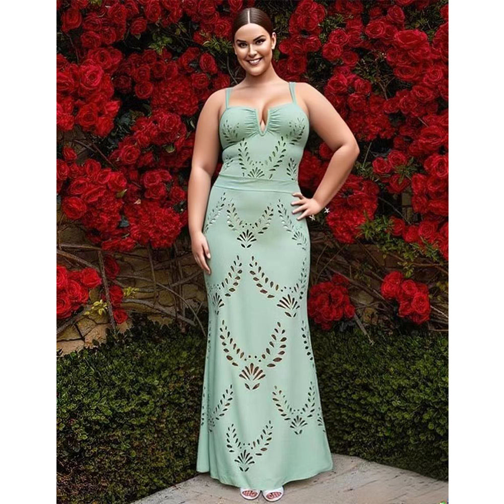 Mint Green Petal Print Hollow V Neck One-Piece Swimsuit&Skirt