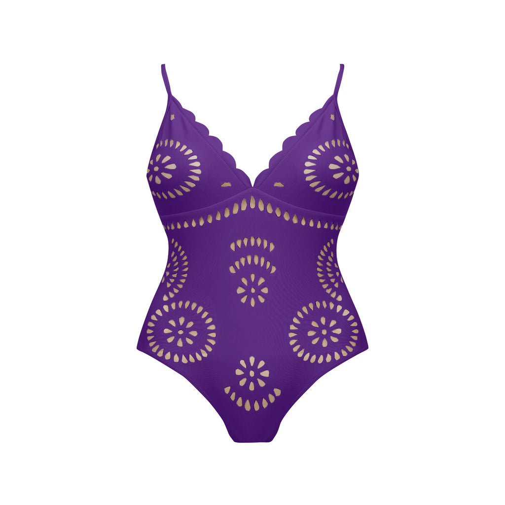 Purple Scalloped Hollow Sexy One-Piece Swimsuit&Skirt