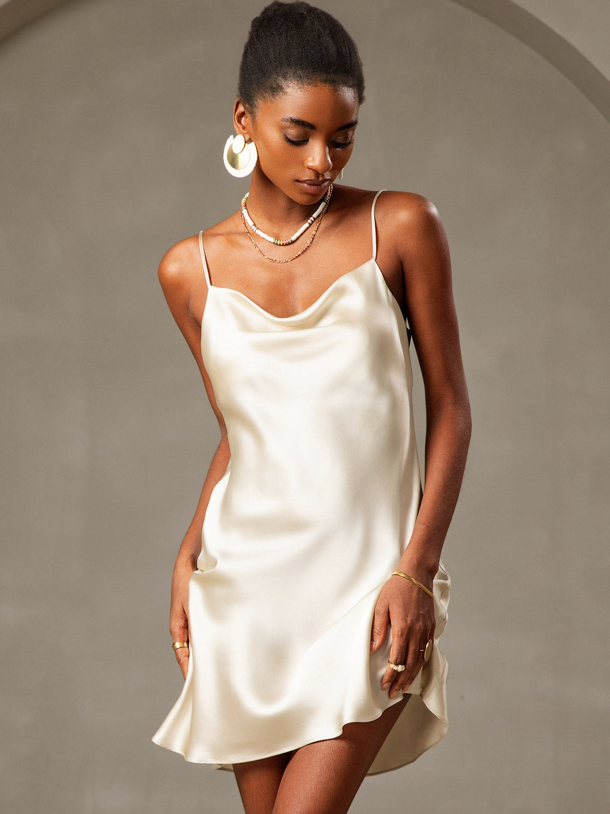 Pure Silk Spaghetti Straps Cowl Neck Short Dress