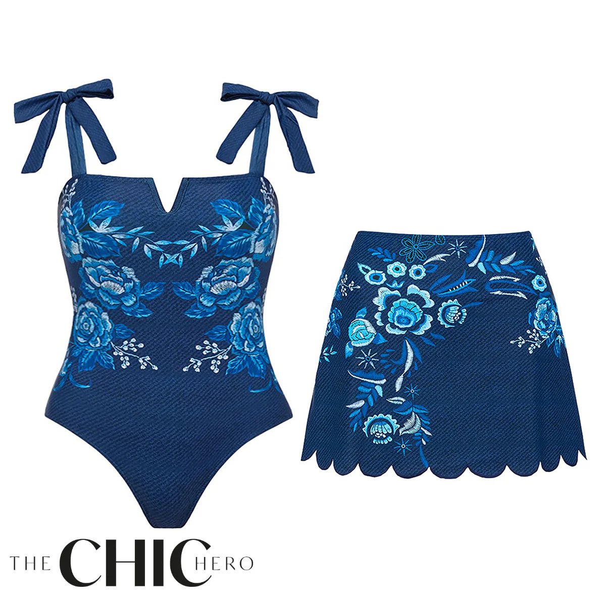 Embroidery Printed Bowknot Shoulder One Piece Swimsuit & Skirt