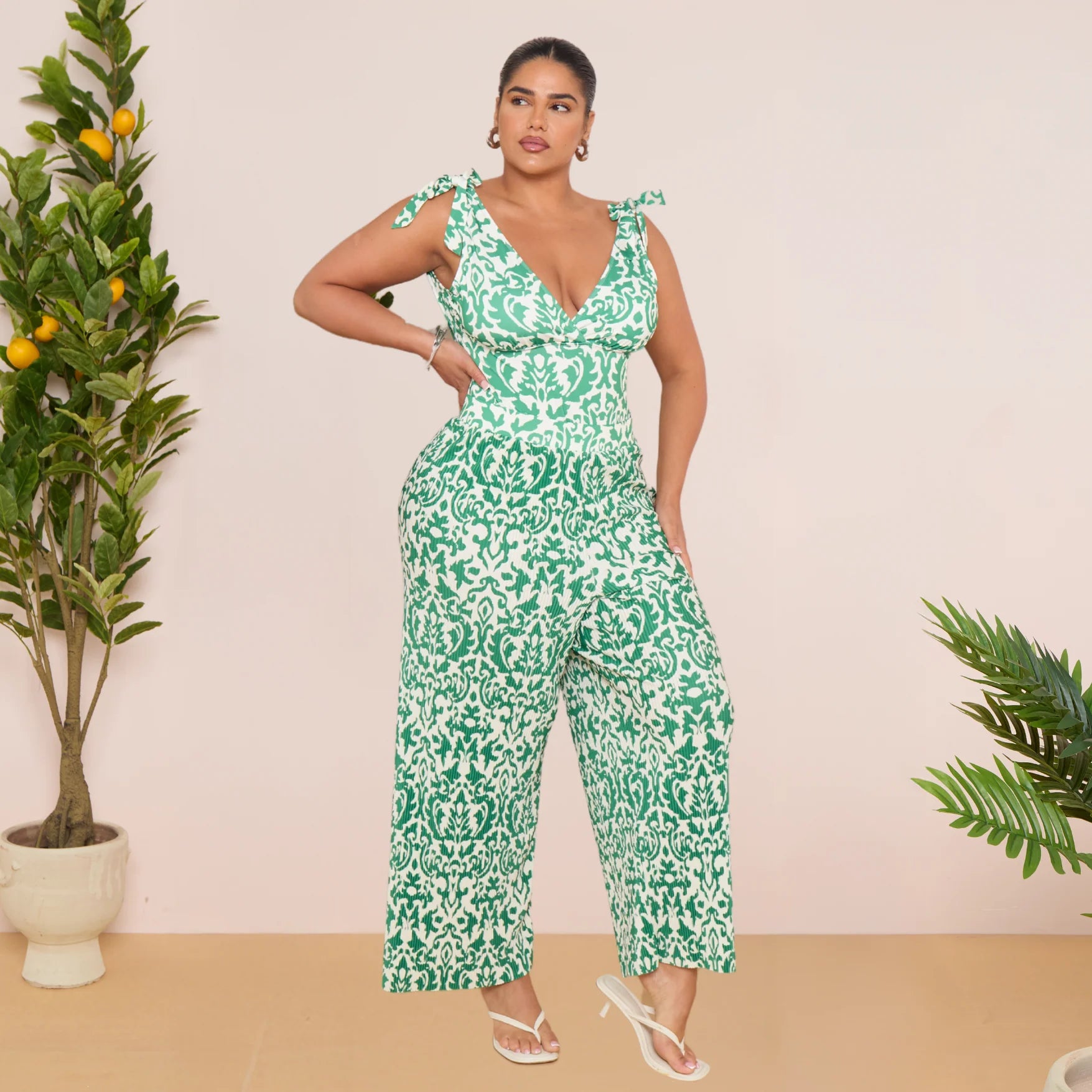 Green Boho Breeze Floral Tie-shoulder One Piece Swimsuit&Pants