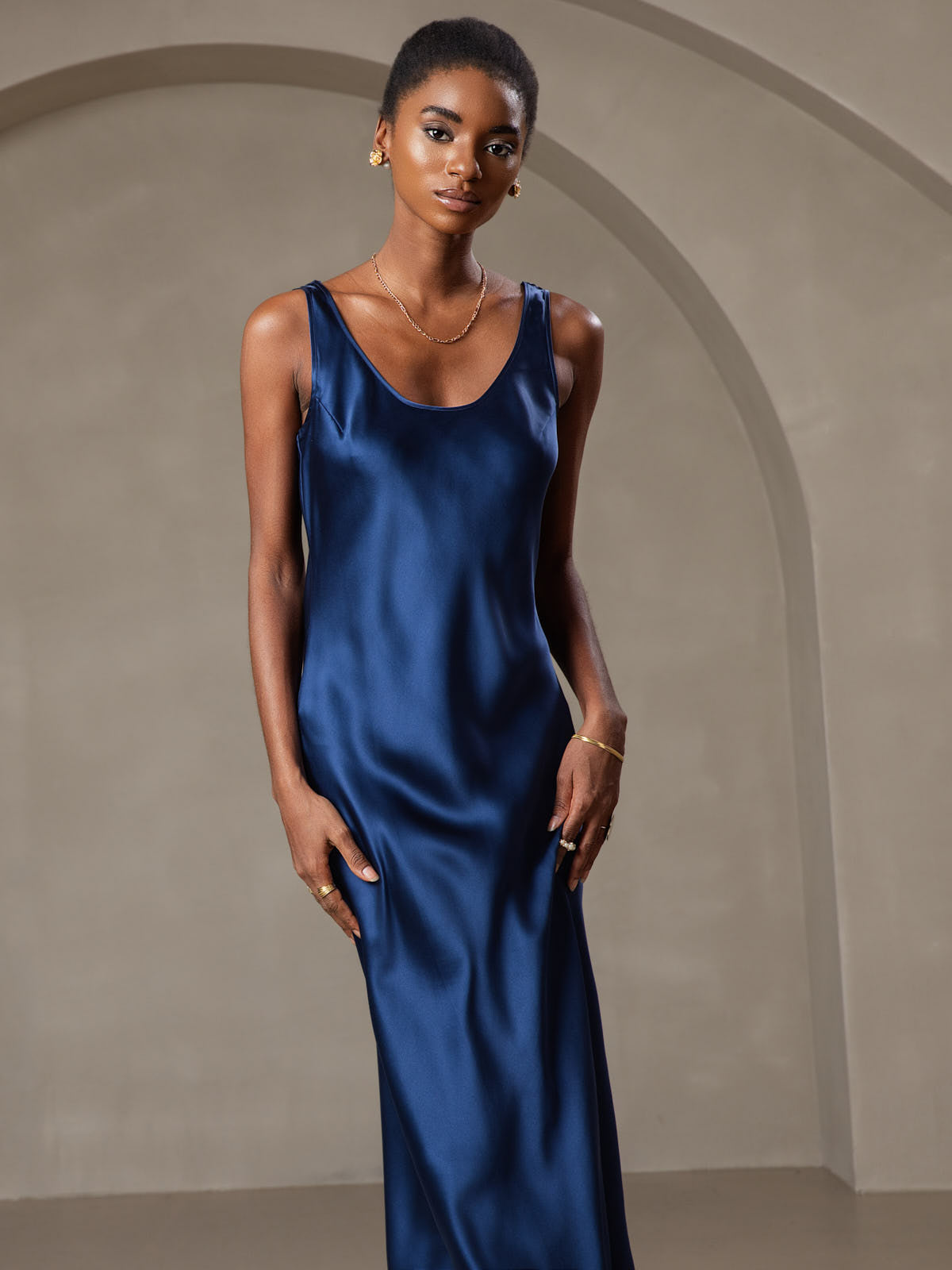 Pure Silk Wide Strap Sleeveless Long Dress