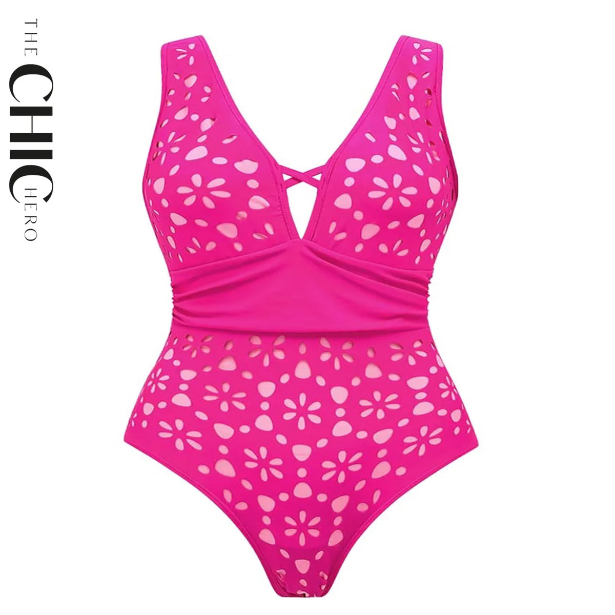 Rose Red Petal Print Hollow V Neck One-Piece Swimsuit&Skirt