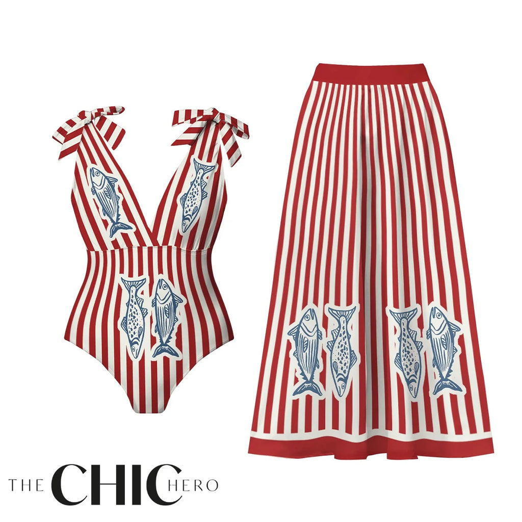 Vintage Nautical Fish Print & Striped One-Piece Swimsuit&Skirt