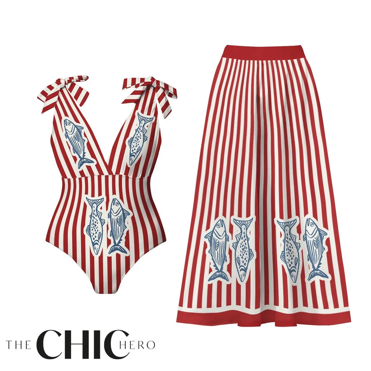 Vintage Nautical Fish Print & Striped One-Piece Swimsuit&Skirt