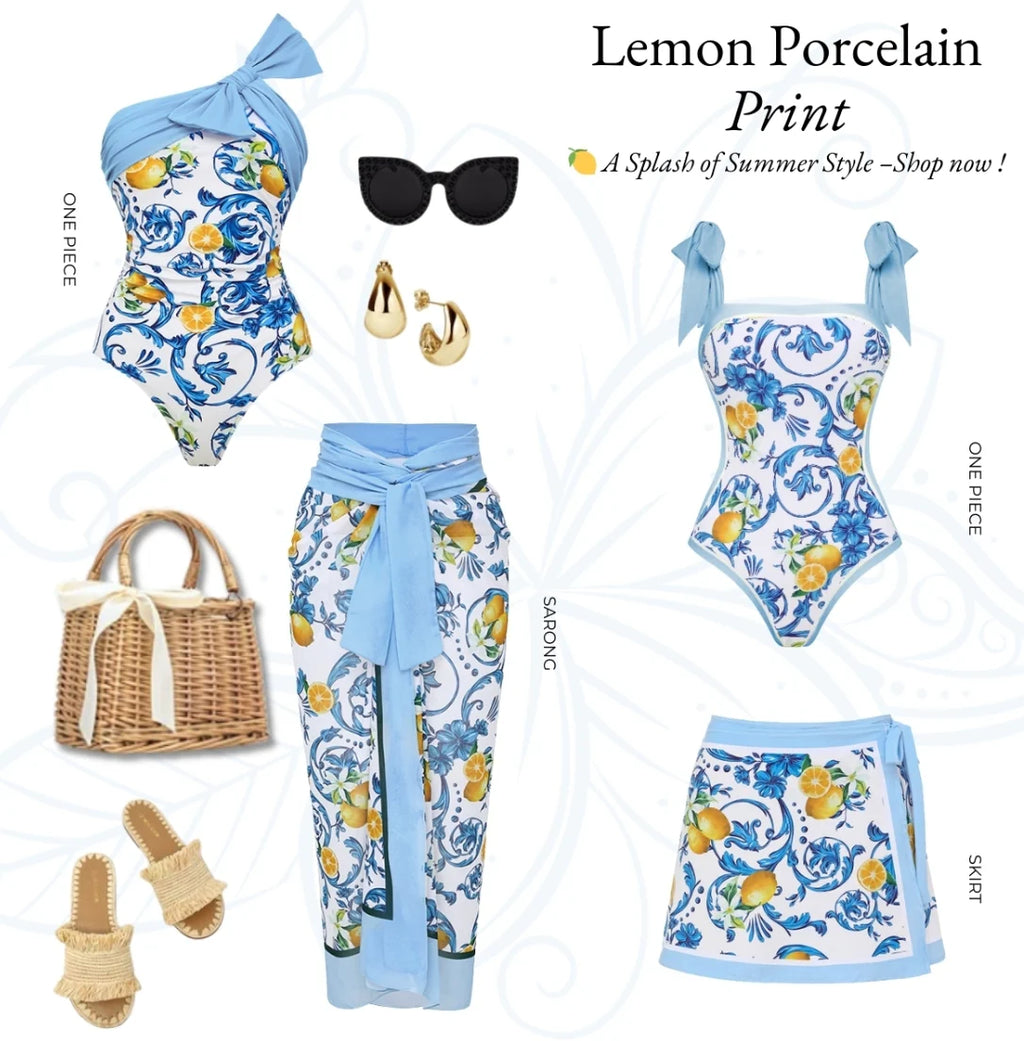 Blue Retro Lemon Florals One-Piece Swimsuit&Skirt
