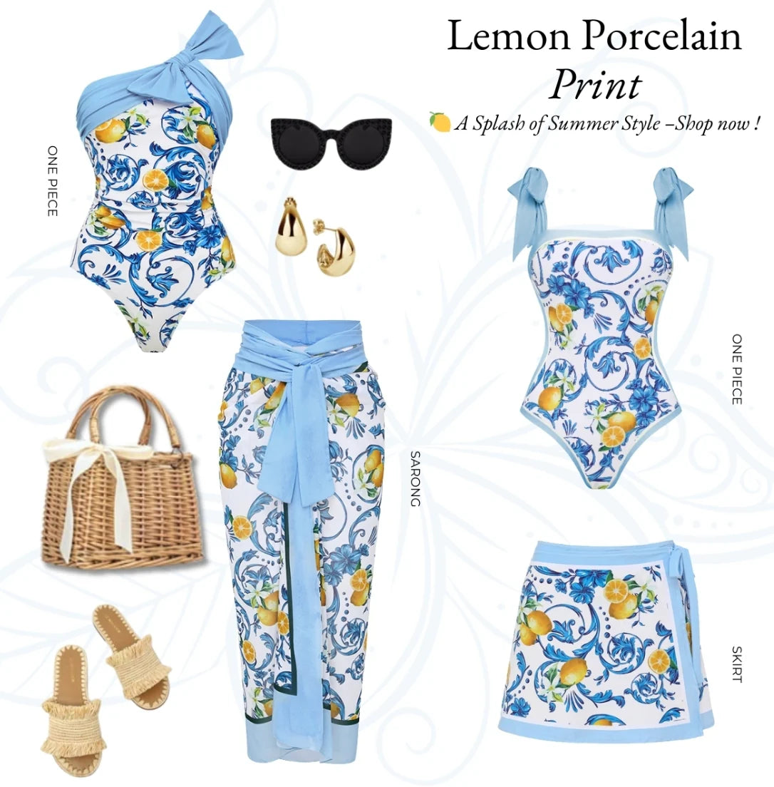 Blue Retro Lemon Florals One-Piece Swimsuit&Skirt