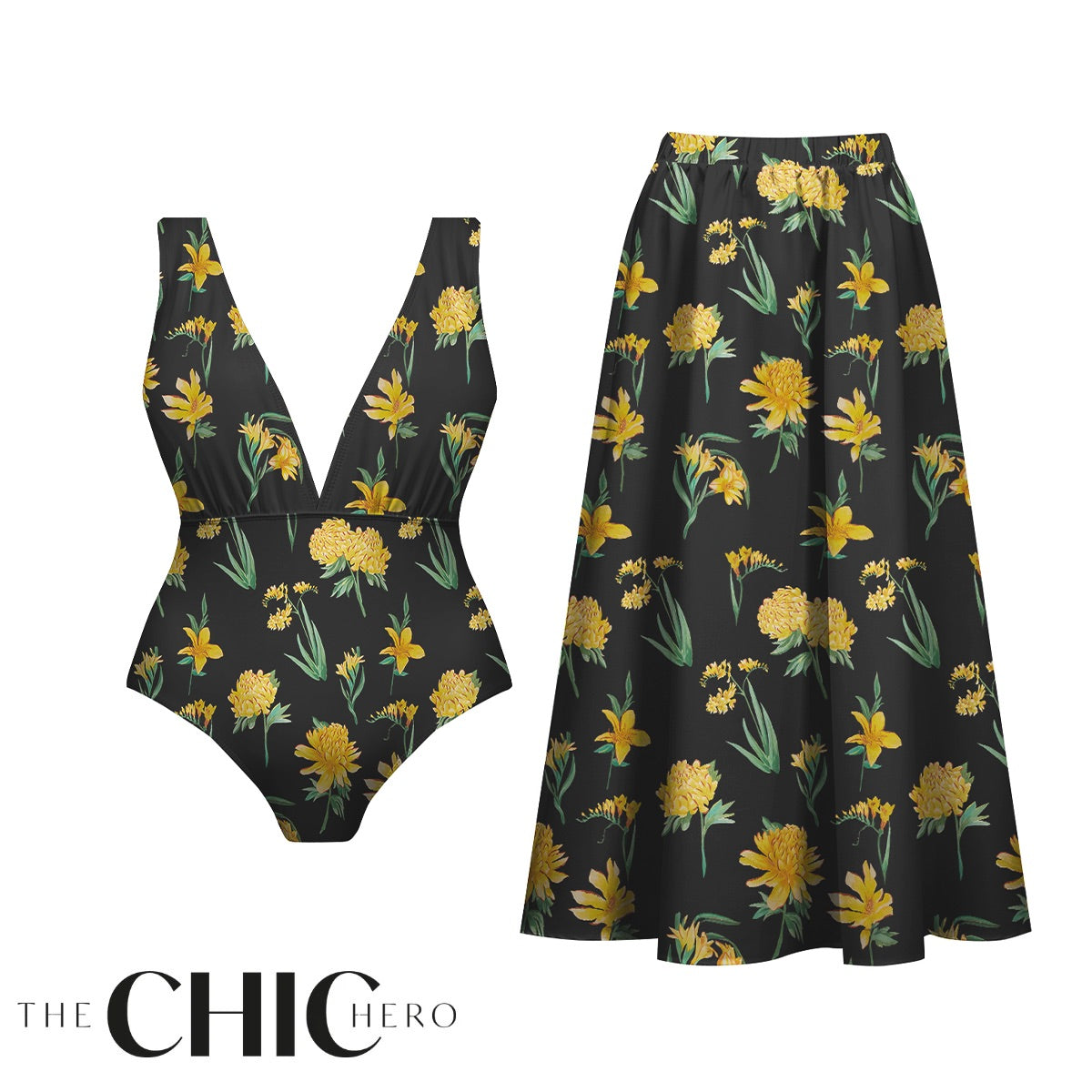 Yellow Floral Print One-Piece Swimsuit&Skirt
