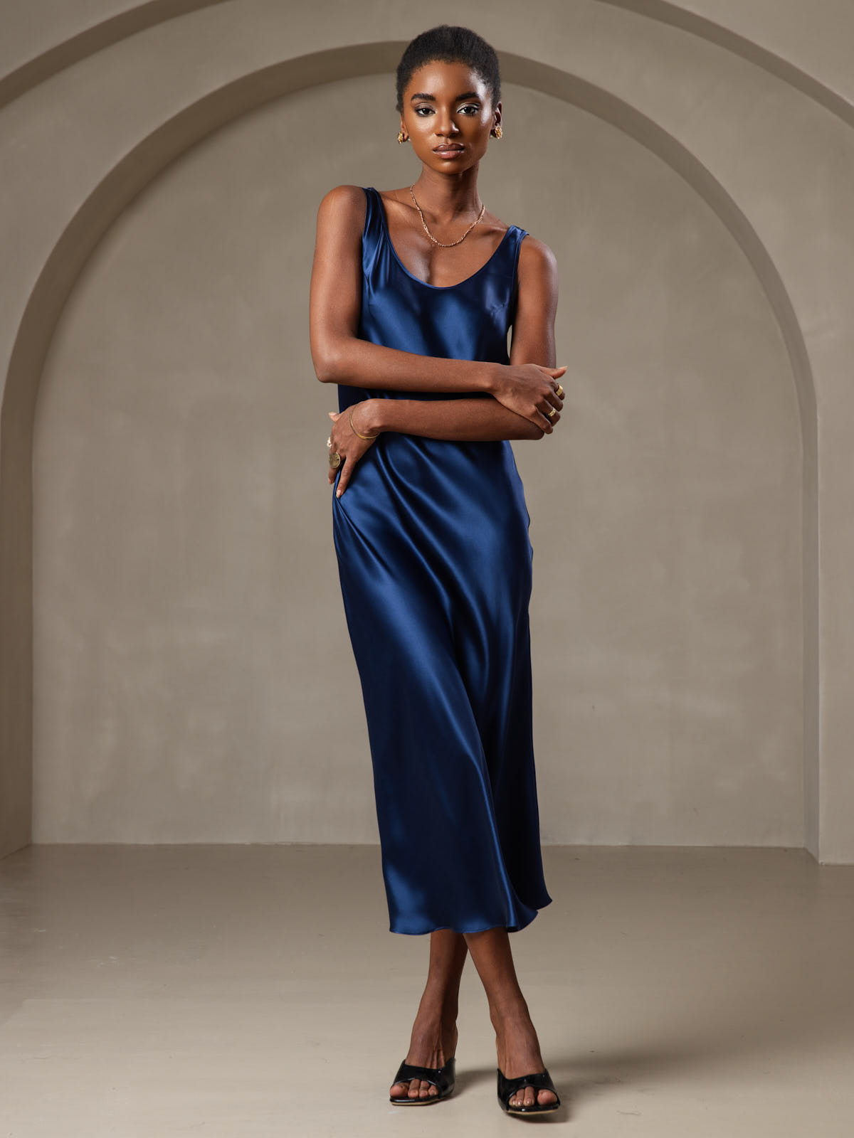 Pure Silk Wide Strap Sleeveless Long Dress