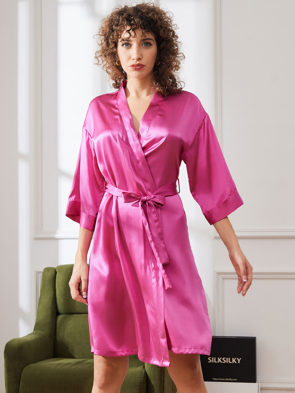 Pure Silk Belted Wrap Kimono Night Robe