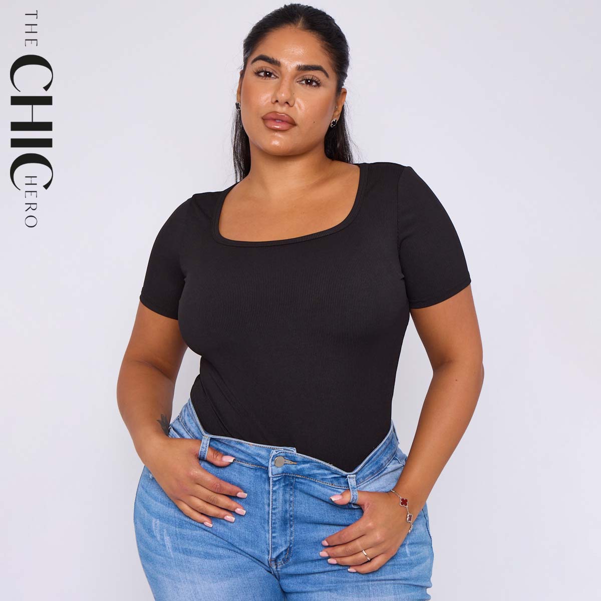 ChicHero Black Square Neck Short Sleeve T Shirt Bodysuit