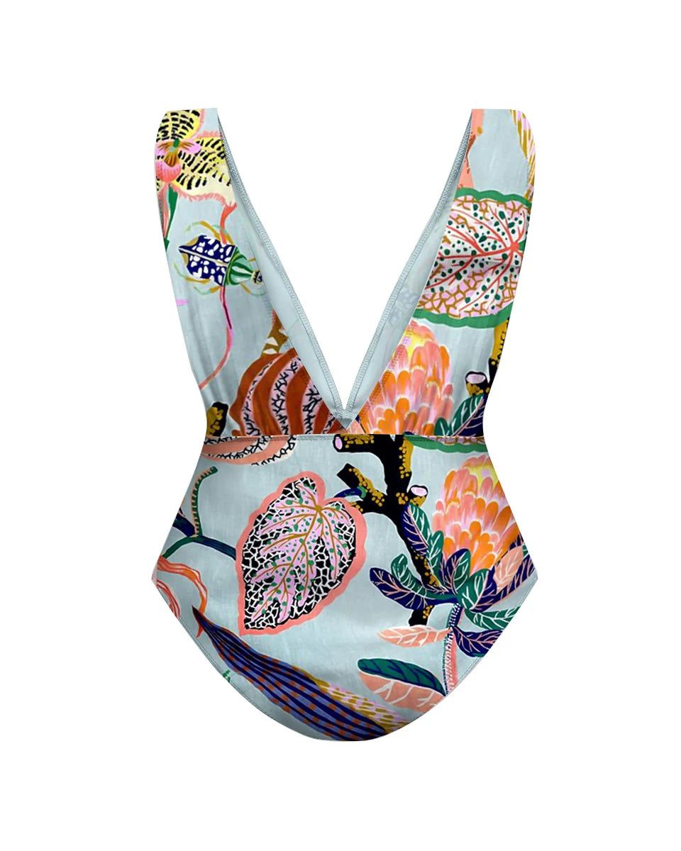 Tropical Bloom Print Butterfly One-Piece Swimsuit&Skirt