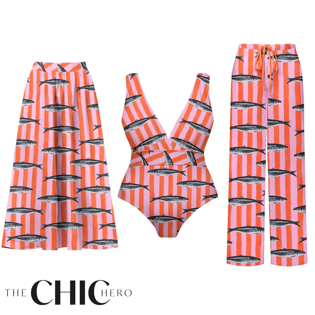 V Neck Retro Striped Sardine Print Swimsuit&Skirt&Pants