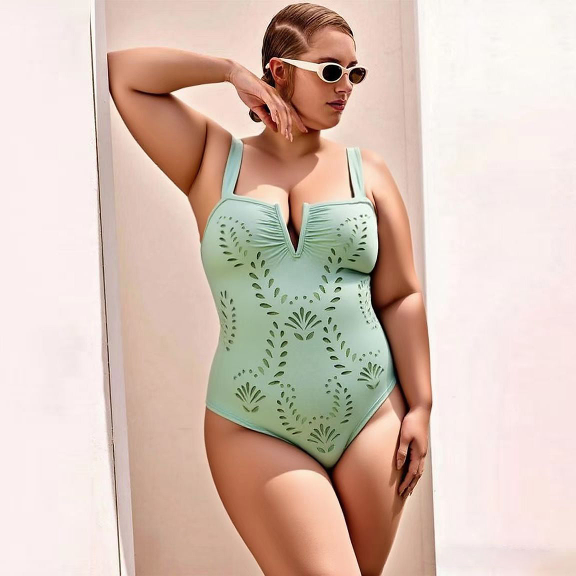 Mint Green Petal Print Hollow V Neck One-Piece Swimsuit&Skirt