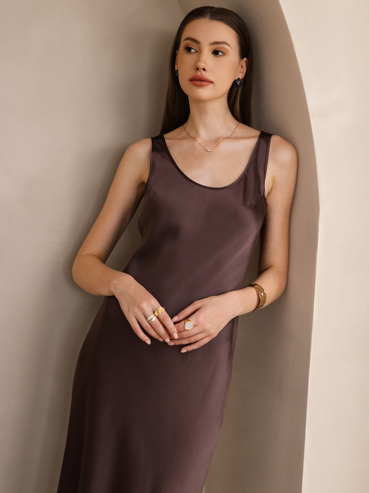 Pure Silk Wide Strap Sleeveless Long Dress