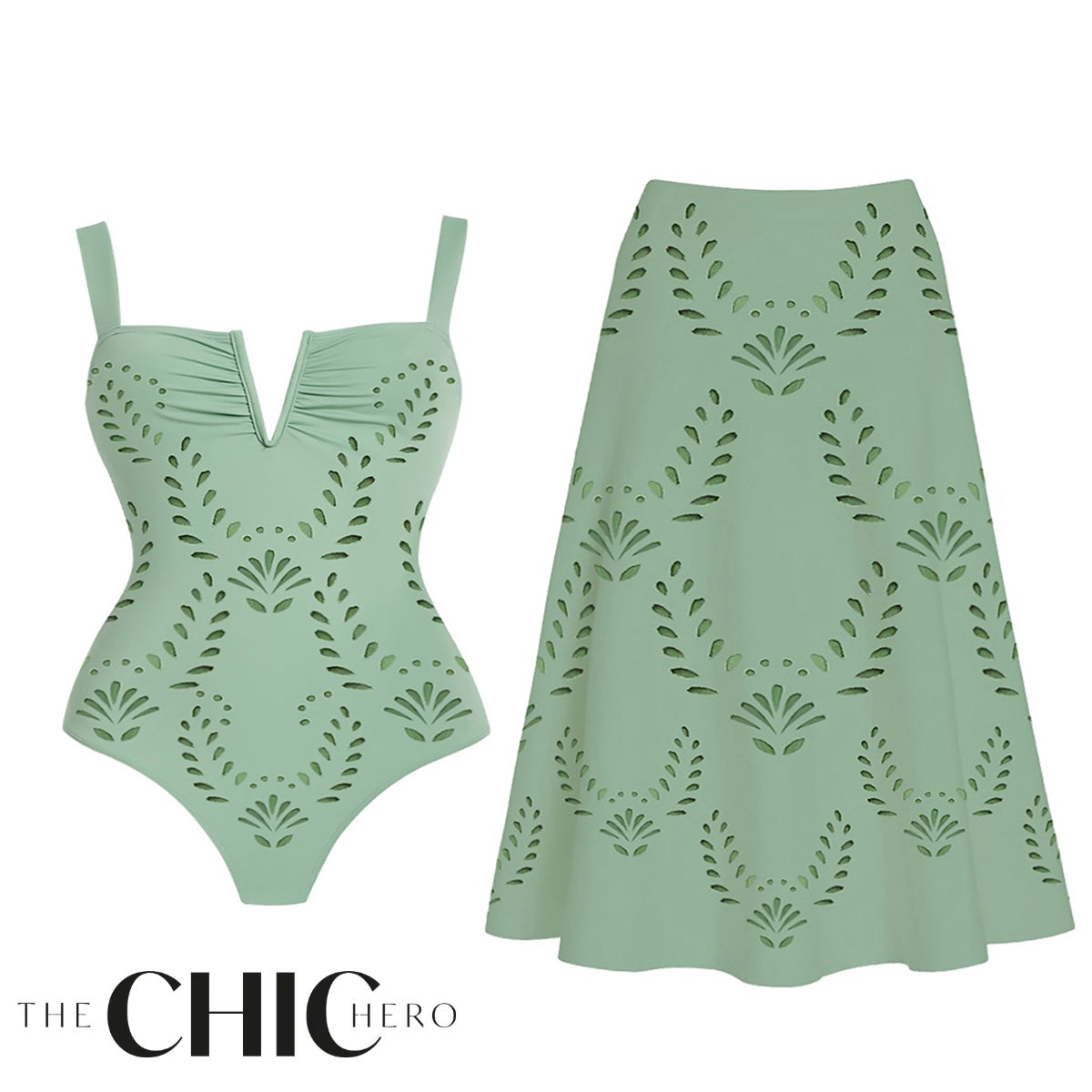 Mint Green Petal Print Hollow V Neck One-Piece Swimsuit&Skirt