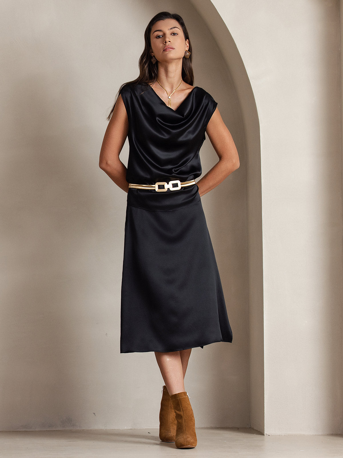 19Momme Silk Cowl Neck Cap Sleeve Blouse