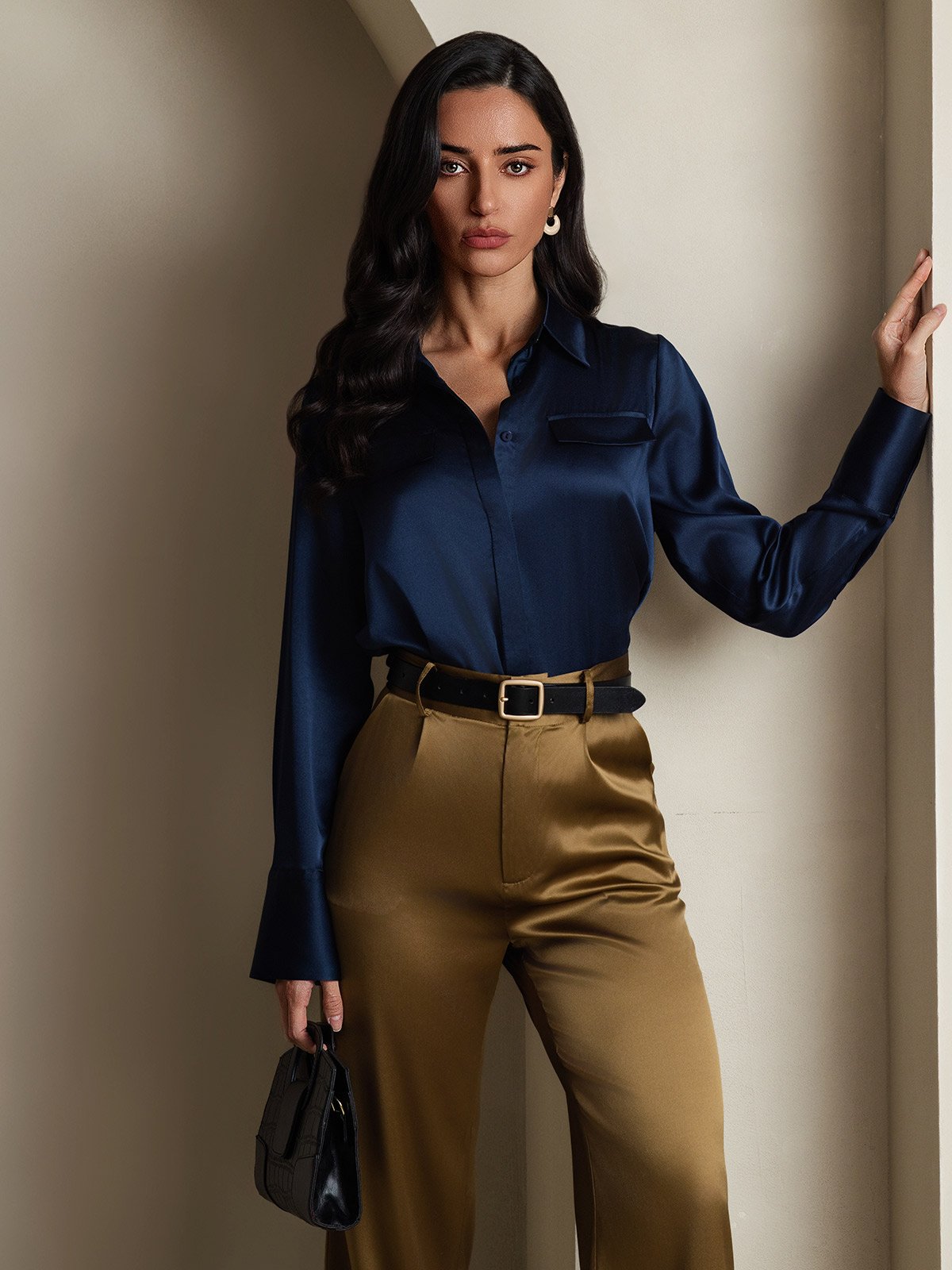 Women's 19Momme Silk Long Sleeve Lapel Collar Military Shirt