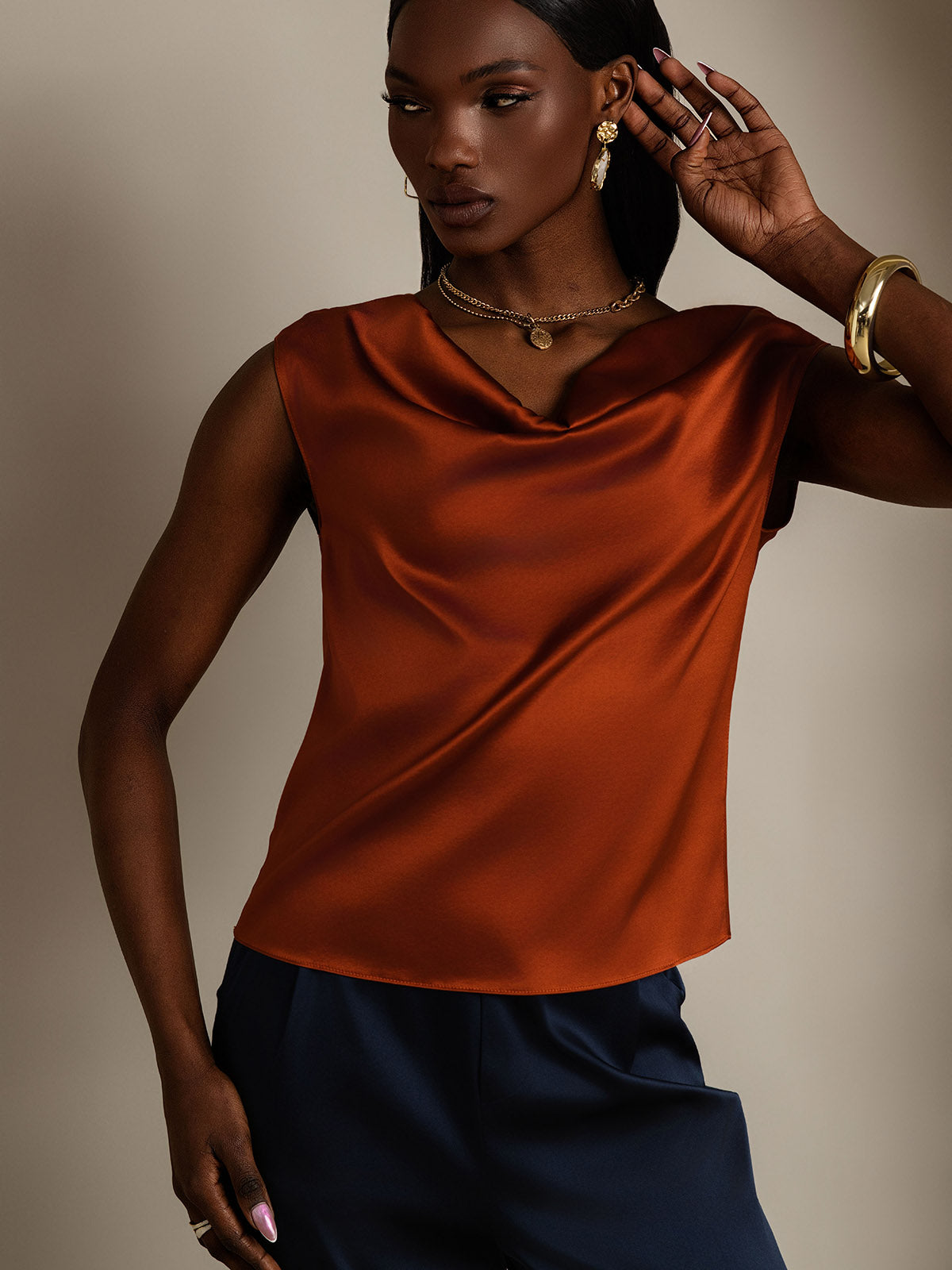19Momme Silk Cowl Neck Cap Sleeve Blouse