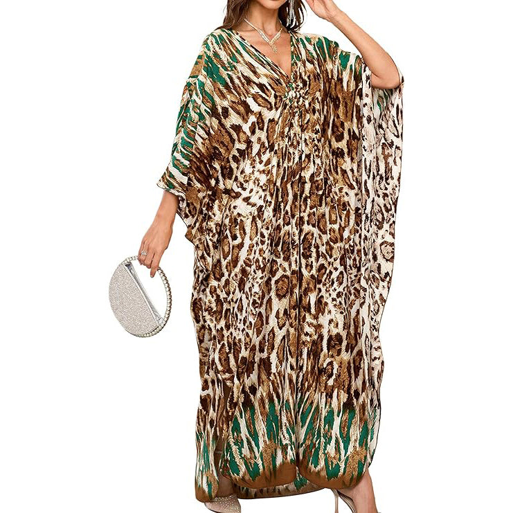 Plus Size V-Neck Batwing Sleeves Floral Print Caftan Kaftan Dress(Shipping on September 1st）