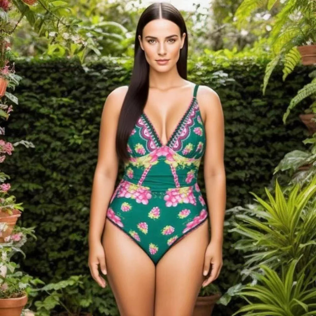 Green Grape Blossom Tropical Vineyard V-Neck Swimsuit & Mini Skirt