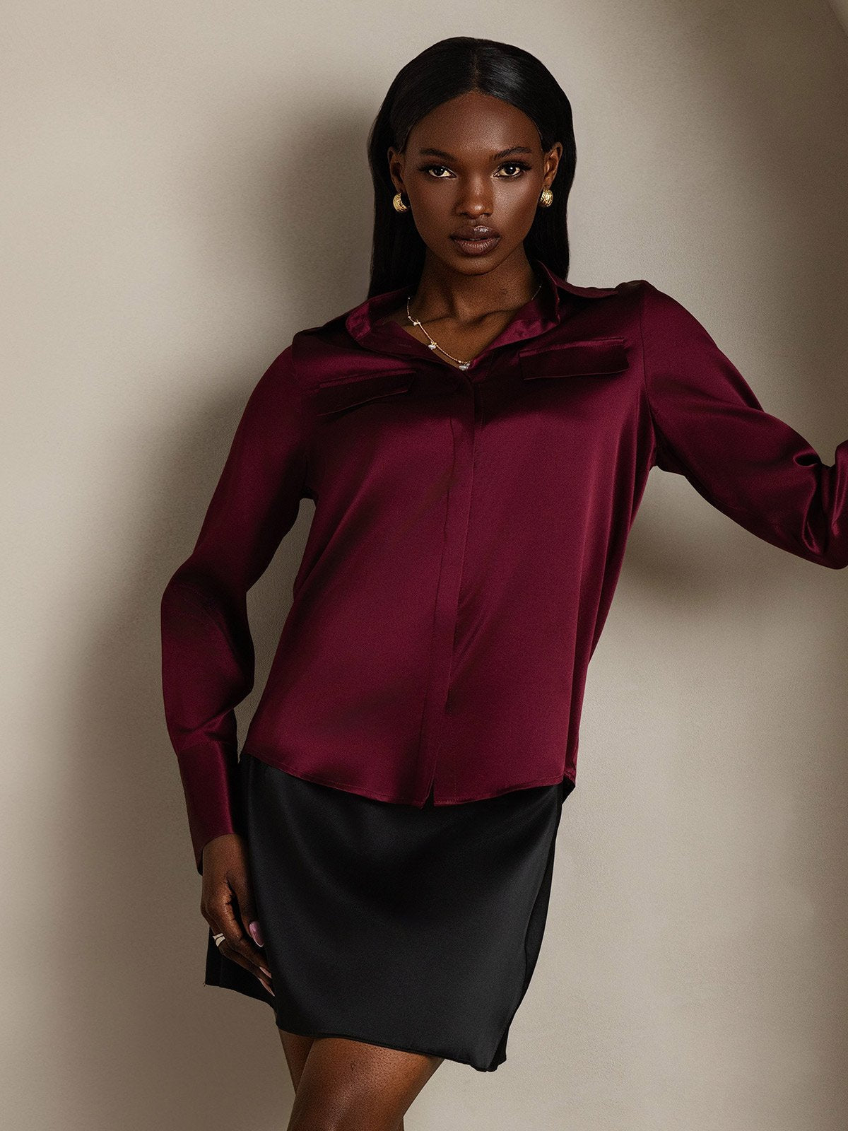 Women's 19Momme Silk Long Sleeve Lapel Collar Military Shirt