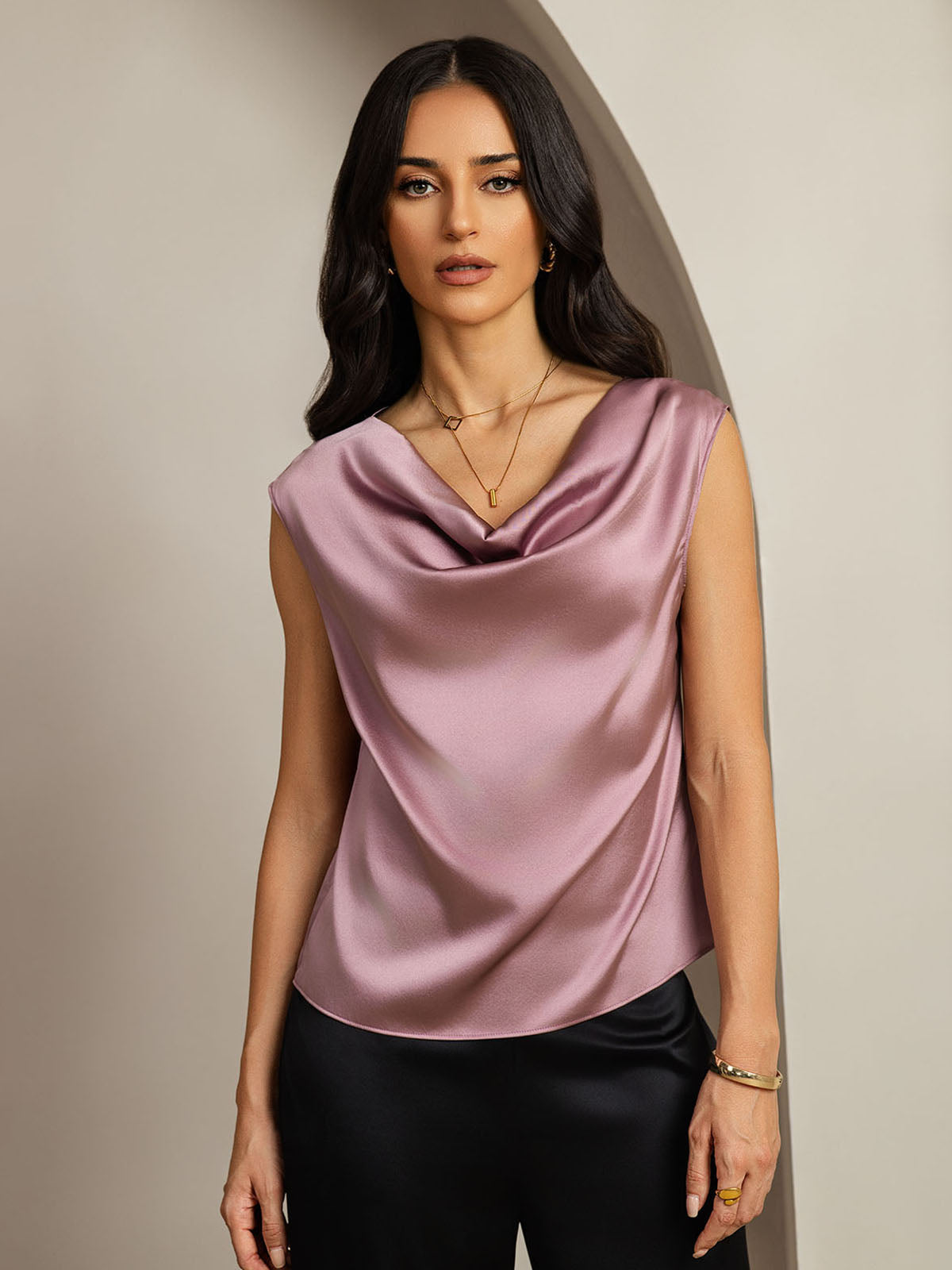 19Momme Silk Cowl Neck Cap Sleeve Blouse
