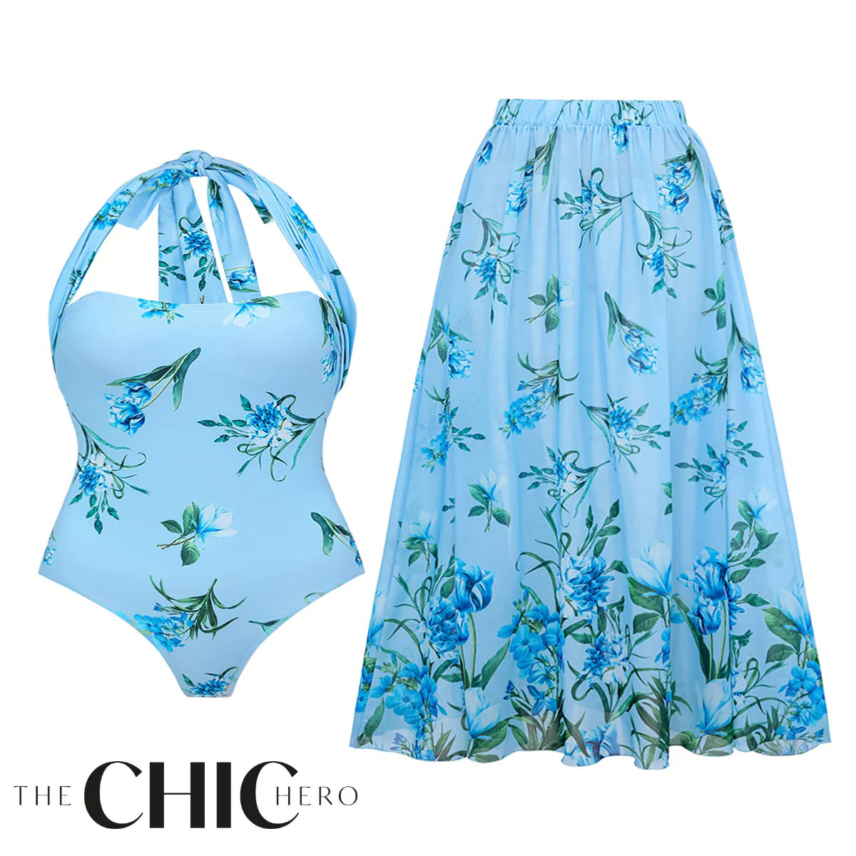 Chic Blue Romantic Floral Halter Neck One-Piece Swimsuit&Skirt