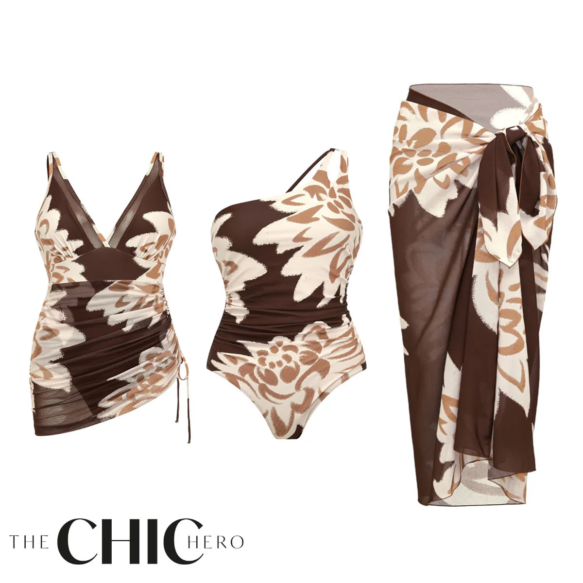 Retro Mesh Sheer Sarong Wraps Three Piece Set Swimsuit&Skirt
