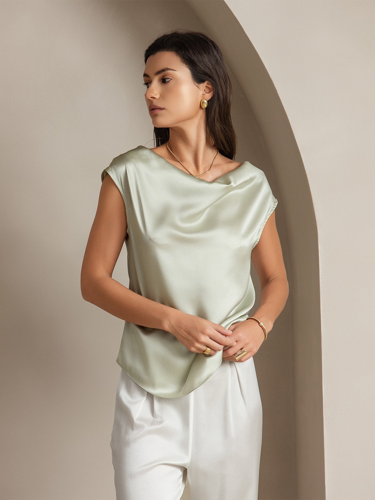 19Momme Silk Cap Sleeve Cowl Neck Tank Top/Blouse