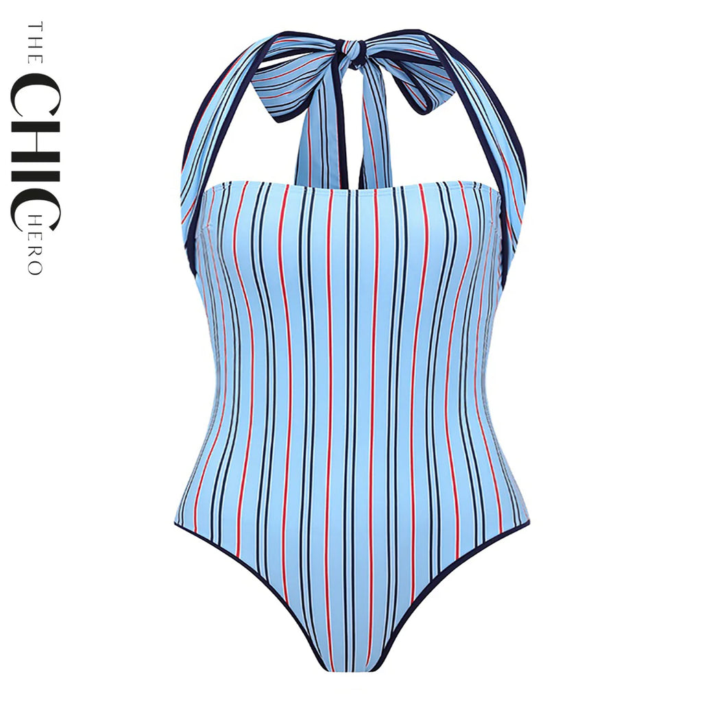Nautical Inspired Striped Halter Neck One-Piece Swimsuit&Skirt