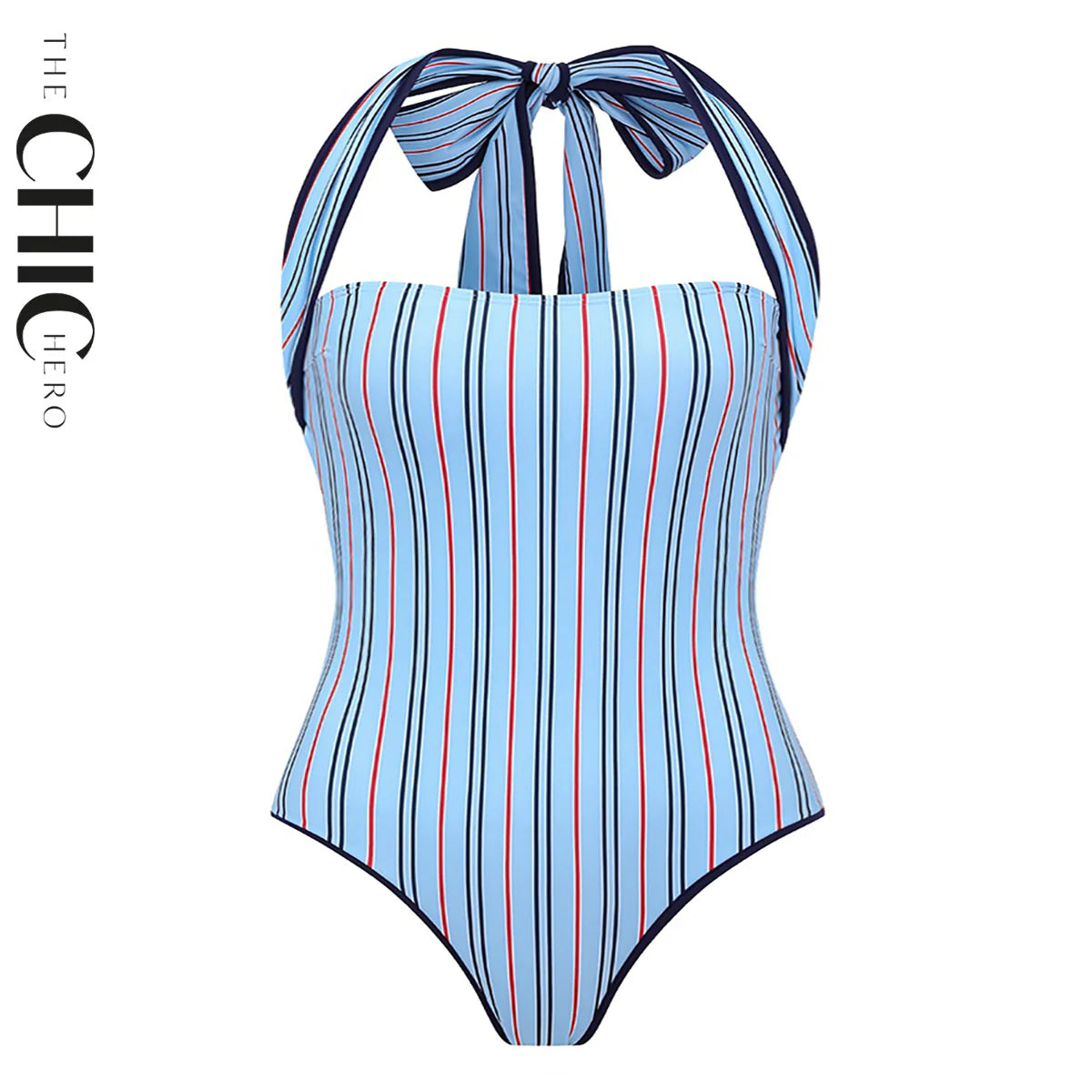 Nautical Inspired Striped Halter Neck One-Piece Swimsuit&Skirt